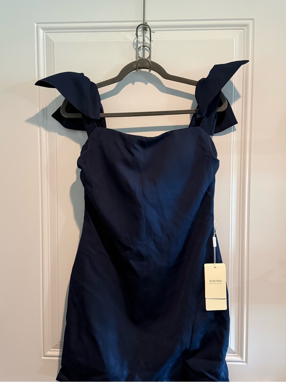 Stacees Navy Blue Crepe Bow Strap Mini Dress NWT Homecoming - Picture 2 of 9